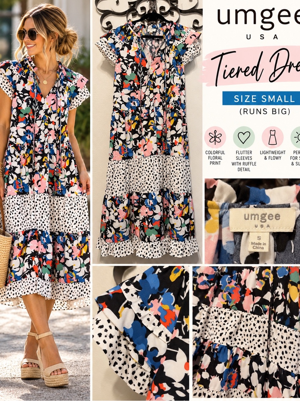 Umgee Floral Tiered Dress in Black, White, Pink, Blue and Yellow